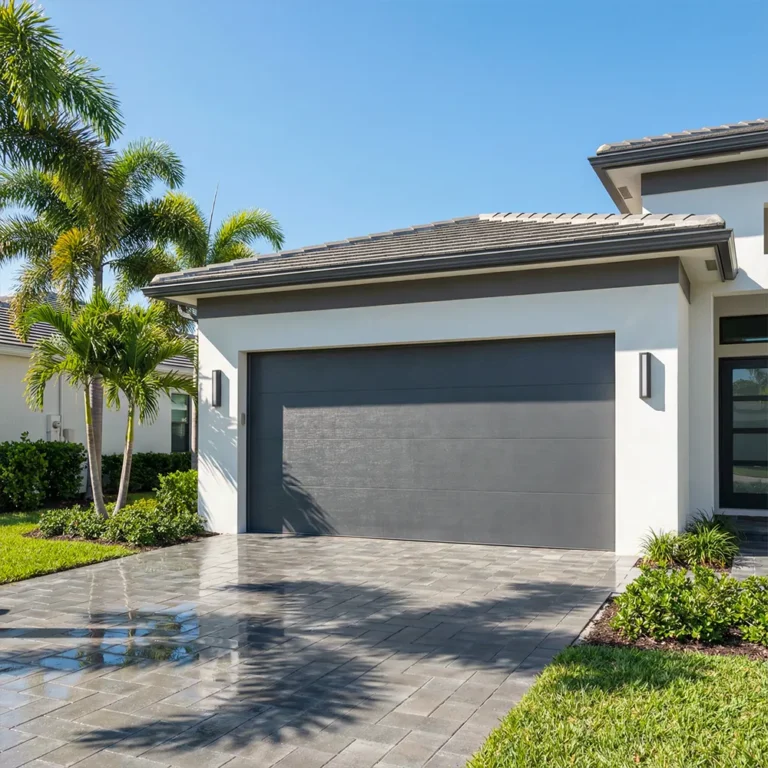 Modern dark gray garage door on a Florida home