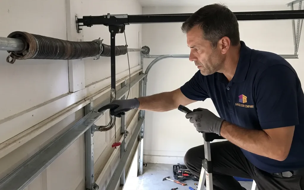 Technician inspecting garage door springs and cables during a second-opinion assessment in Sarasota, FL